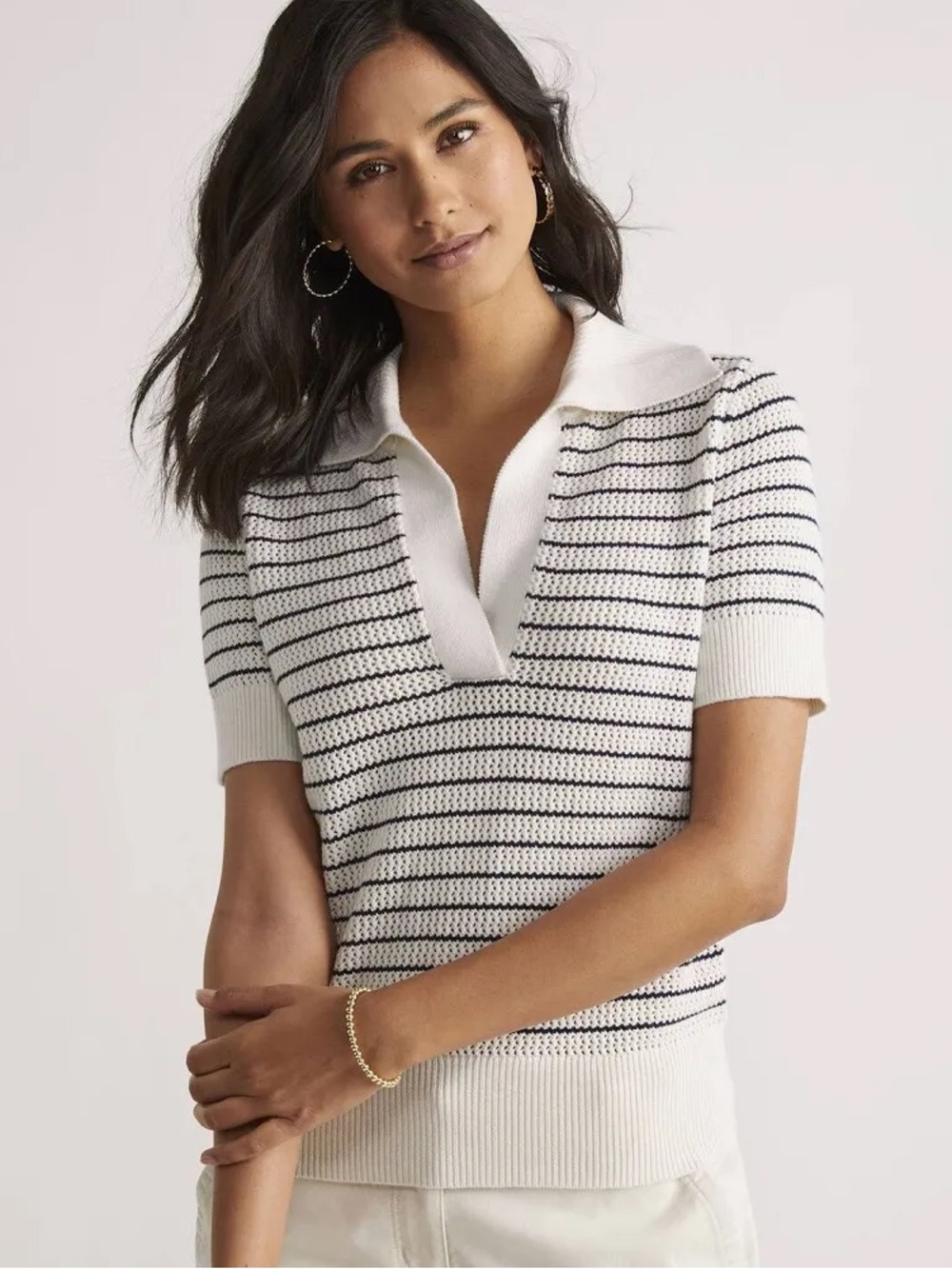 Vineyard Vines Striped Knit Polo Sweater - White & Navy